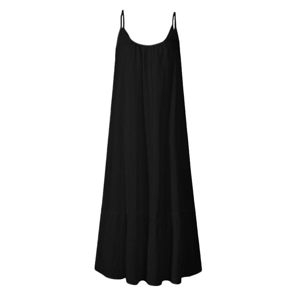 Fashion Women's Ruffle Solid Color Long Sleeveless Loose Spaghetti Straps Dress