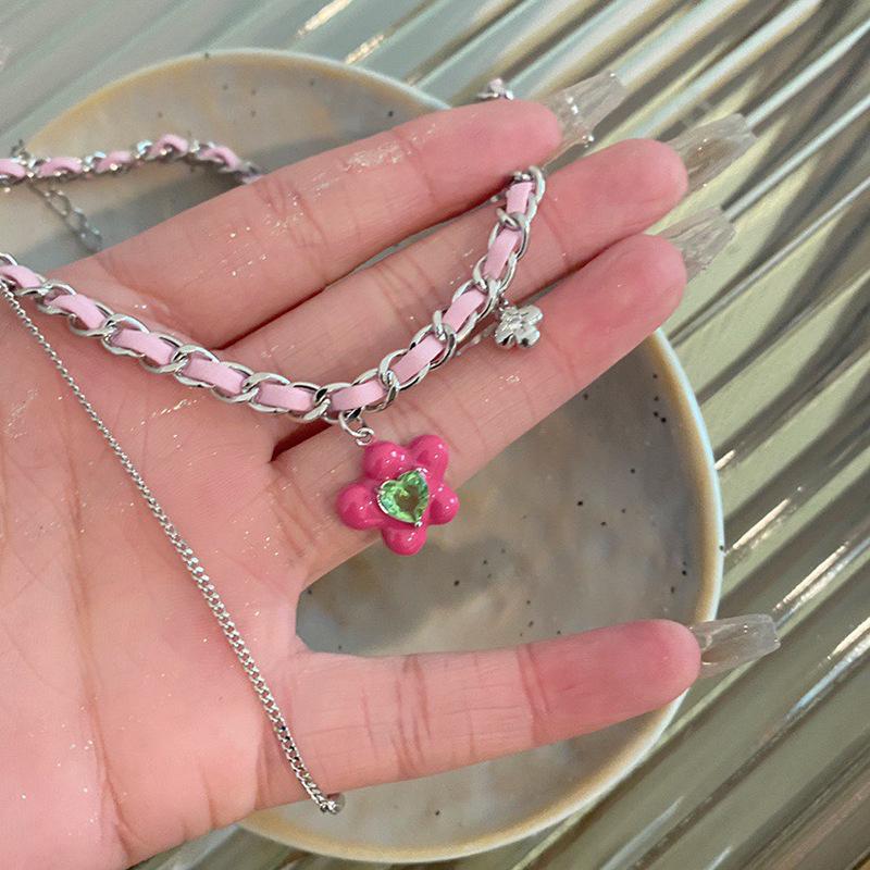 Summer Oil Drop Flower Zircon Love Pendant Necklace Fashionable Fresh Collarbone Chain Sweet Versatile Necklace