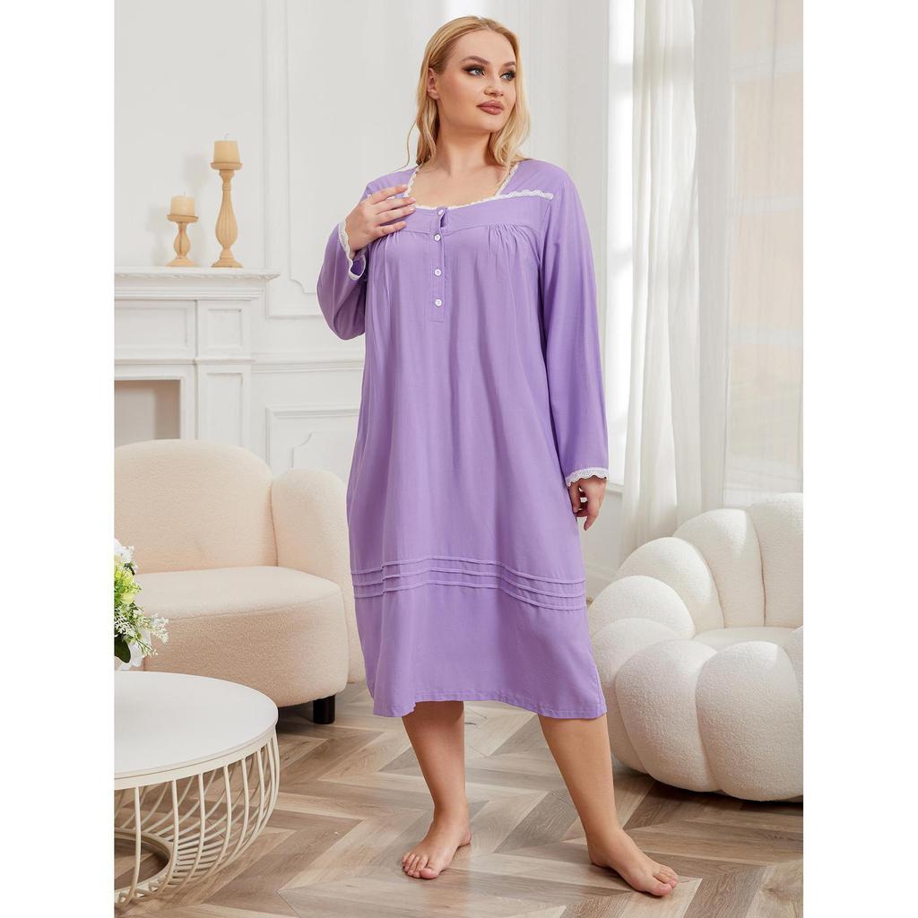 European and American large-size nightgown women's long fat mm lace edge thin long-sleeved loungewear pajamas