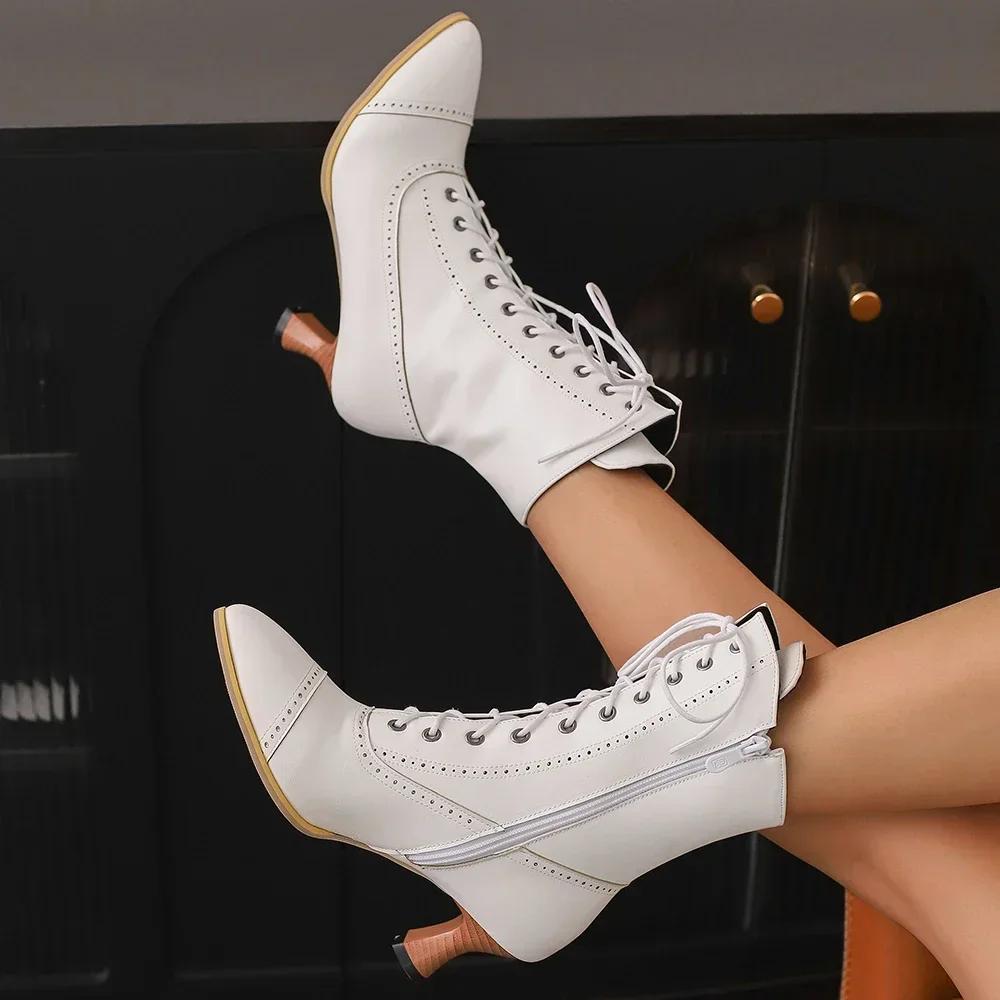 Krótkie damskie buty na wysokim obcasie w stylu brytyjskim, szlachetne botki rycerskie ze szpiczastym noskiem, sznurowane na krzyż, botki do kostki, średniowieczne buty retro
