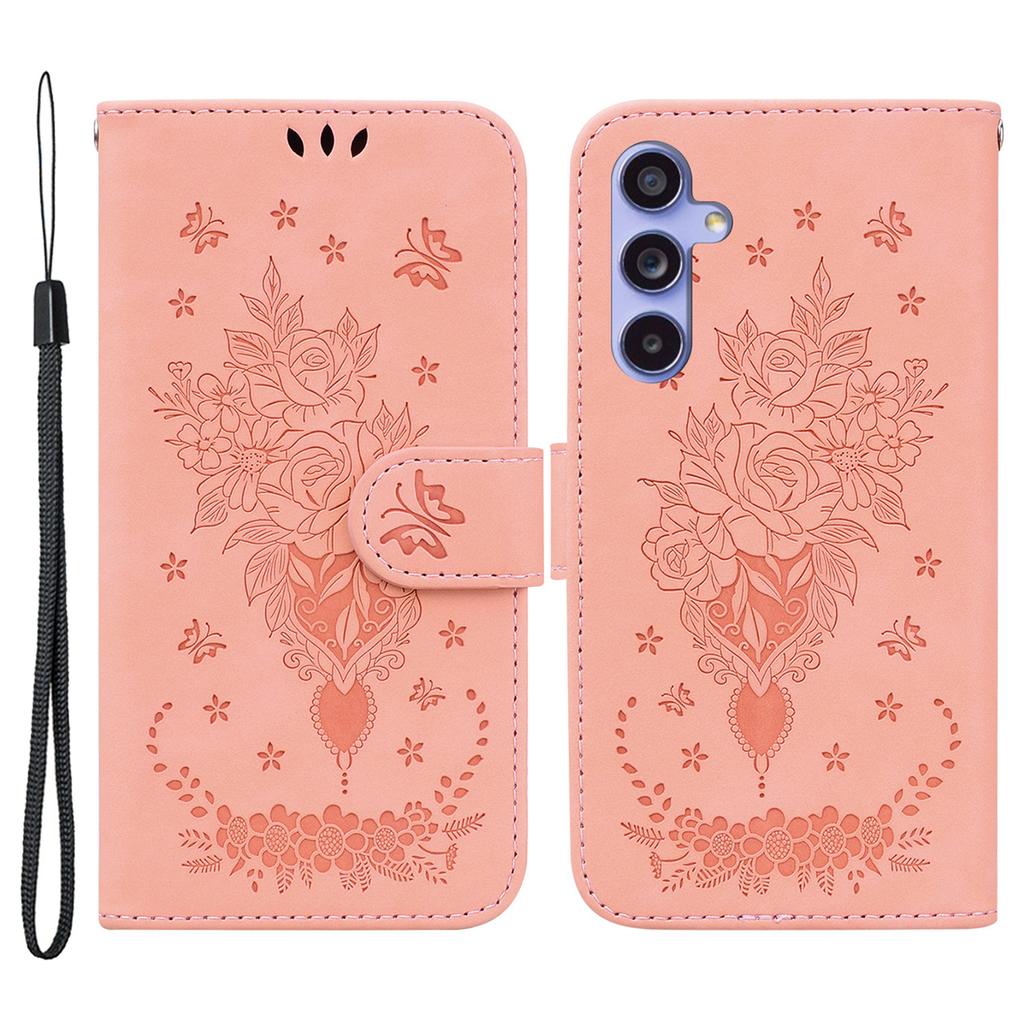 For Samsung Galaxy S23 FE Shockproof Wallet Case Rose Butterfly Imprinted Leather Stand Phone Cover