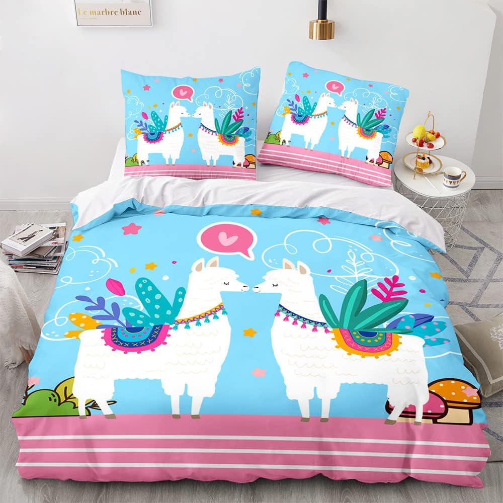 Cute Llamas Duvet Cover Set,Kawaii Alpaca BeddingSet 2pcs for Kids Girl Bedroom Decor,Cartoon Animal Quilt Cover with Pillowcase
