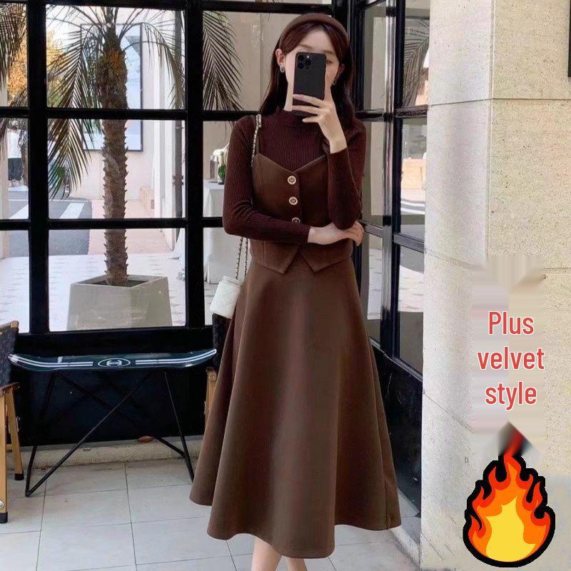 

2025 A/W Plus Velvet Warm Two-Piece Layered Dress: Large Size, Flattering, Age-Reducing, Mid-Length Fashion Skirt M fits [40-50kg]