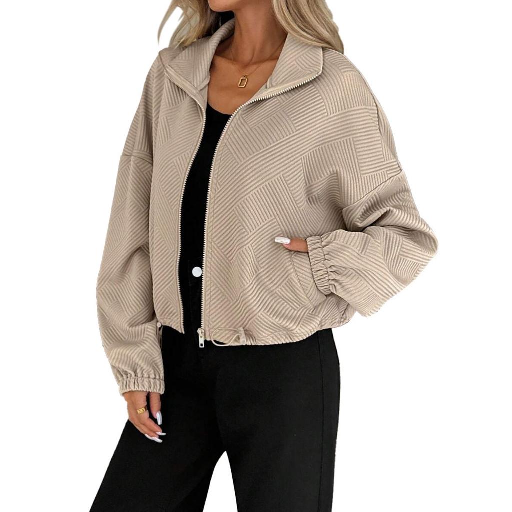 Fall Winter Women's Loose Baseball Jacket, High Neck Zipper Hem Drawstring Pocket Casual Coat for European American Crossbody