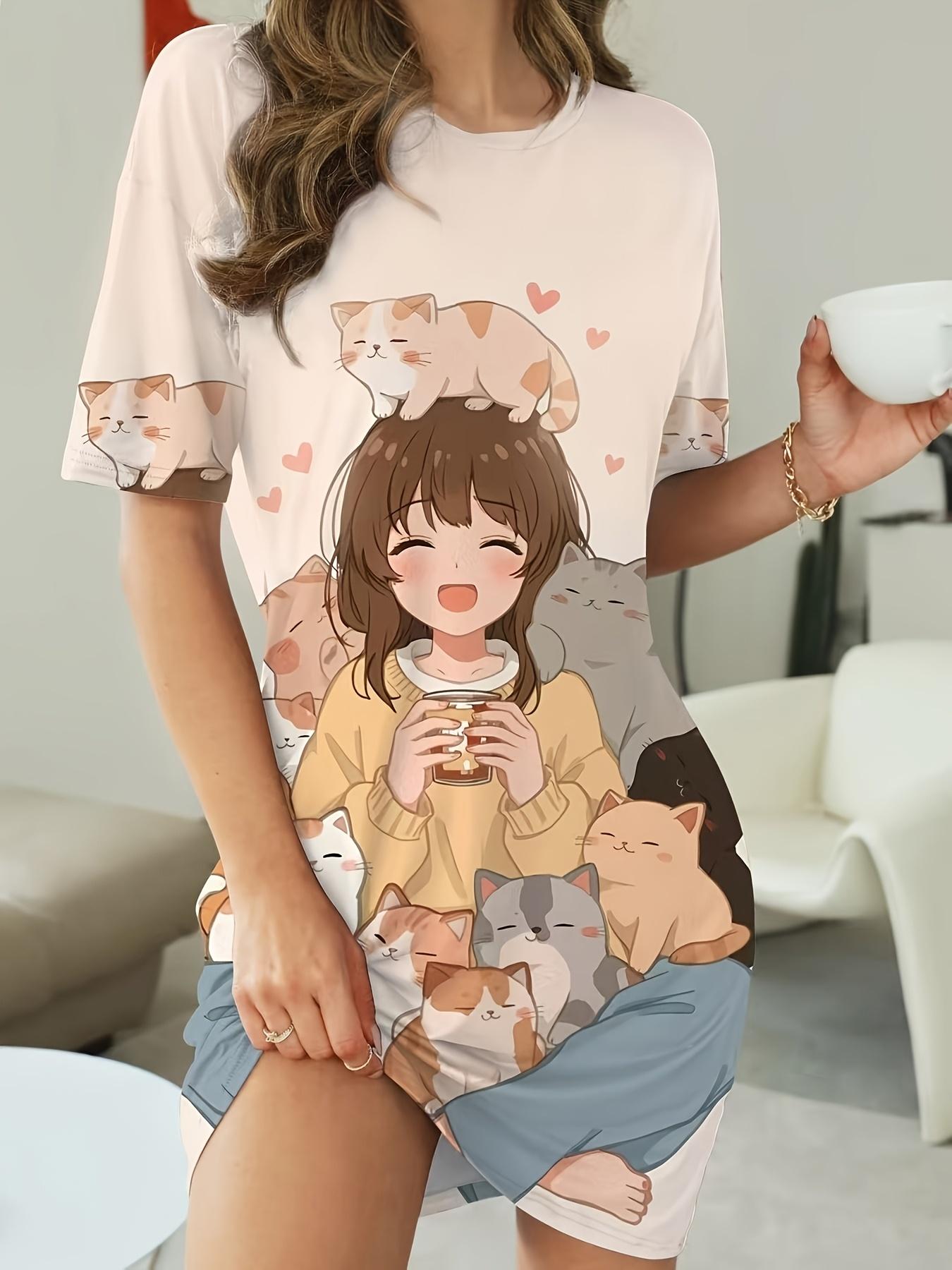 

Повседневное платье с принтом в мультяшном японском стиле и милым котиком. с удобным дизайном футболки с коротким рукавом и круглым вырезом. Украшен звездой А 5XL дубильная кора