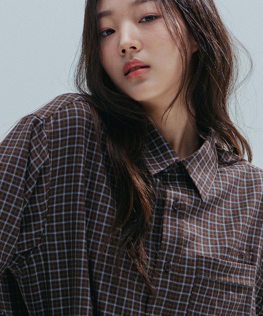 ANNEHEARTS Drape Square Check Shirt_Brown