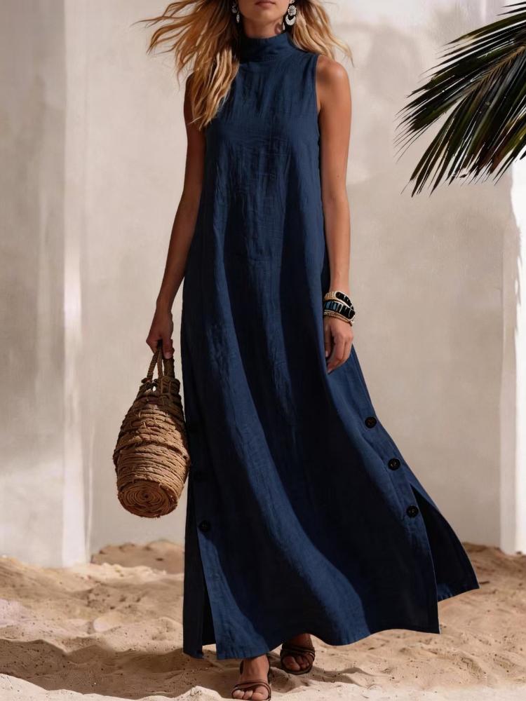 

Women Sleeveless High Neck Maxi Dress Side Button Slit Solid Color Casual Loose Fit XXL Темно-синій