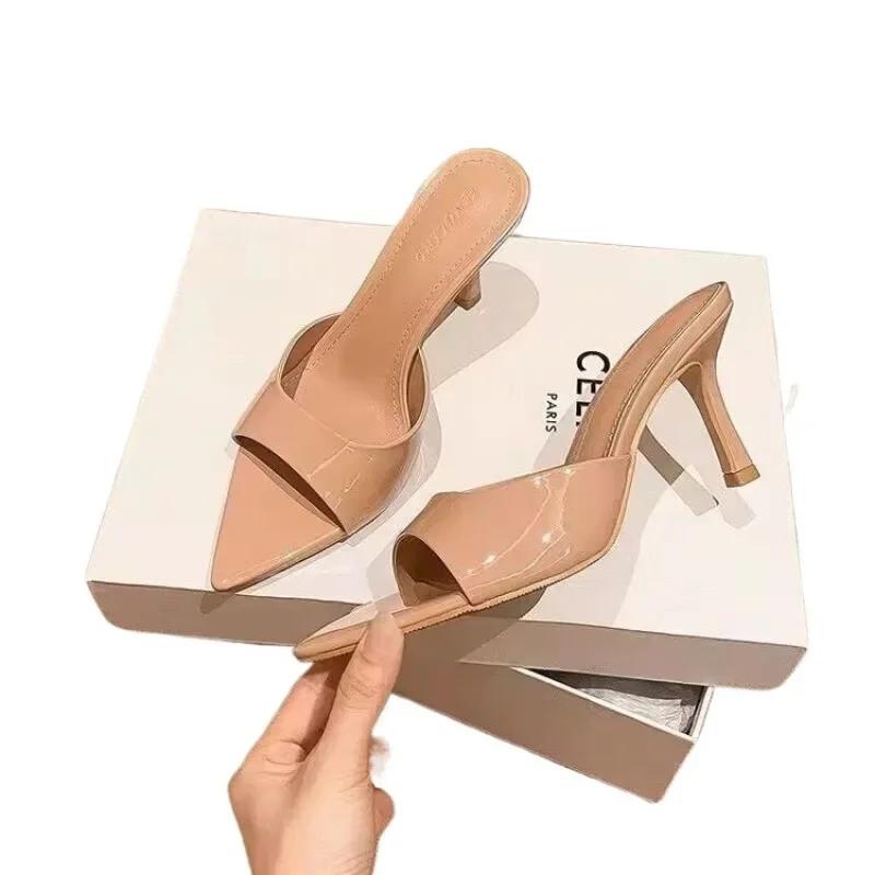 Fashion 2025 High Quality Classics Shoes for Women Fashion Women's Slippers Women Pointed Toe Thin Heels Concise Solid Open Toe Slippers