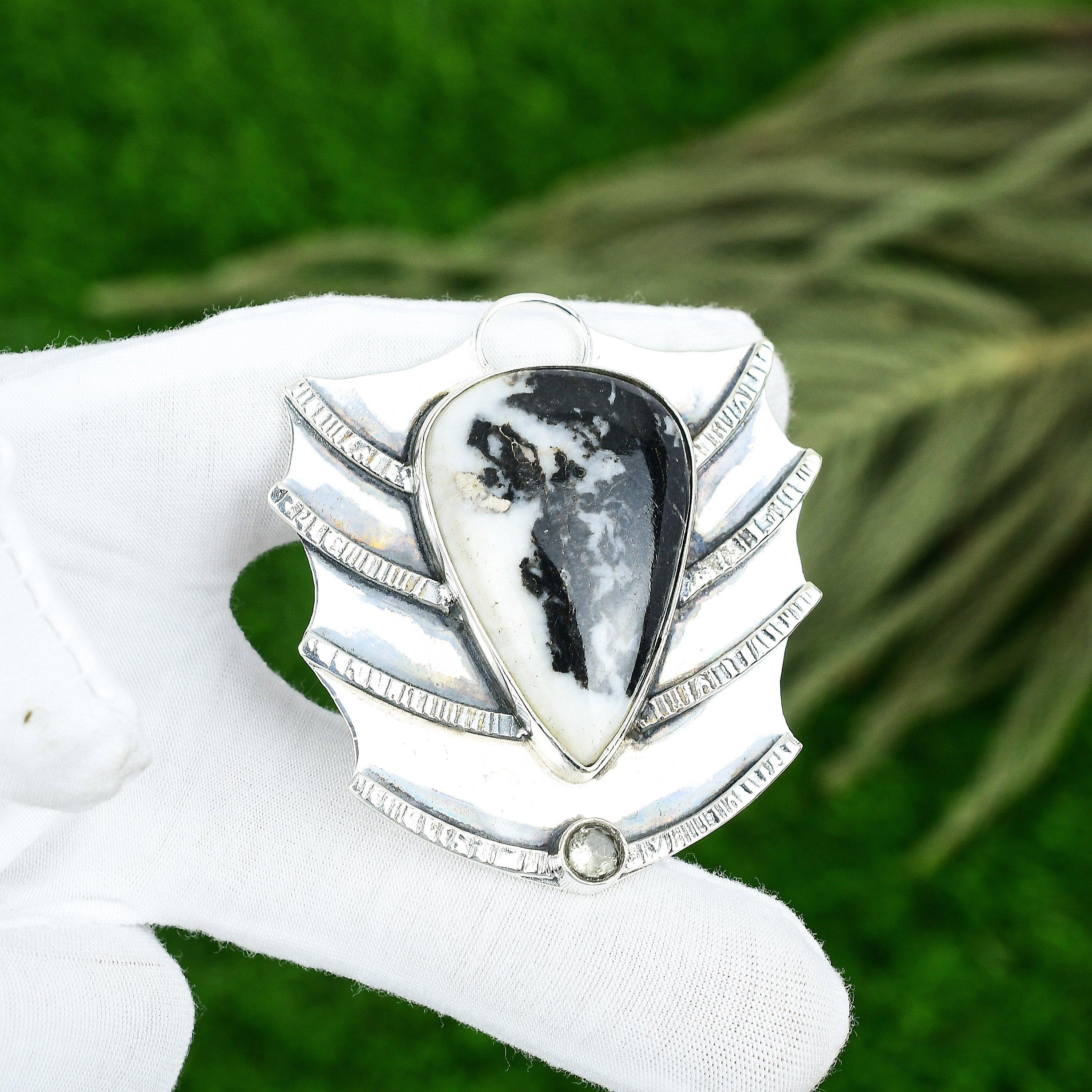 Mothers day Sale Zebra Jasper Gemstone White Topaz Pendant 925 Sterling Silver