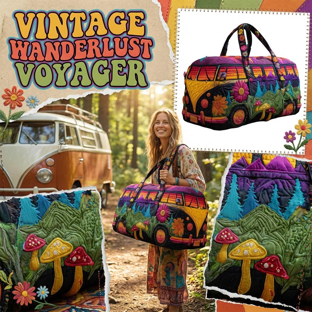 Bolsa de Lona Acolchada con Estampado de Autobús y Naturaleza Gran Capacidad para Viaje con Bordado Floral y de Diseño para Mujeres y Hombres