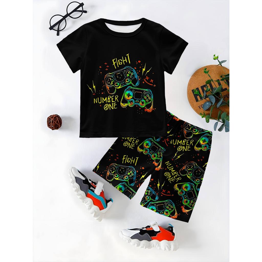 Boys Summer Graphic T-Shirt Set Breathable Printed Short Sleeve Tops Shorts  Outdoor Fashion Boys