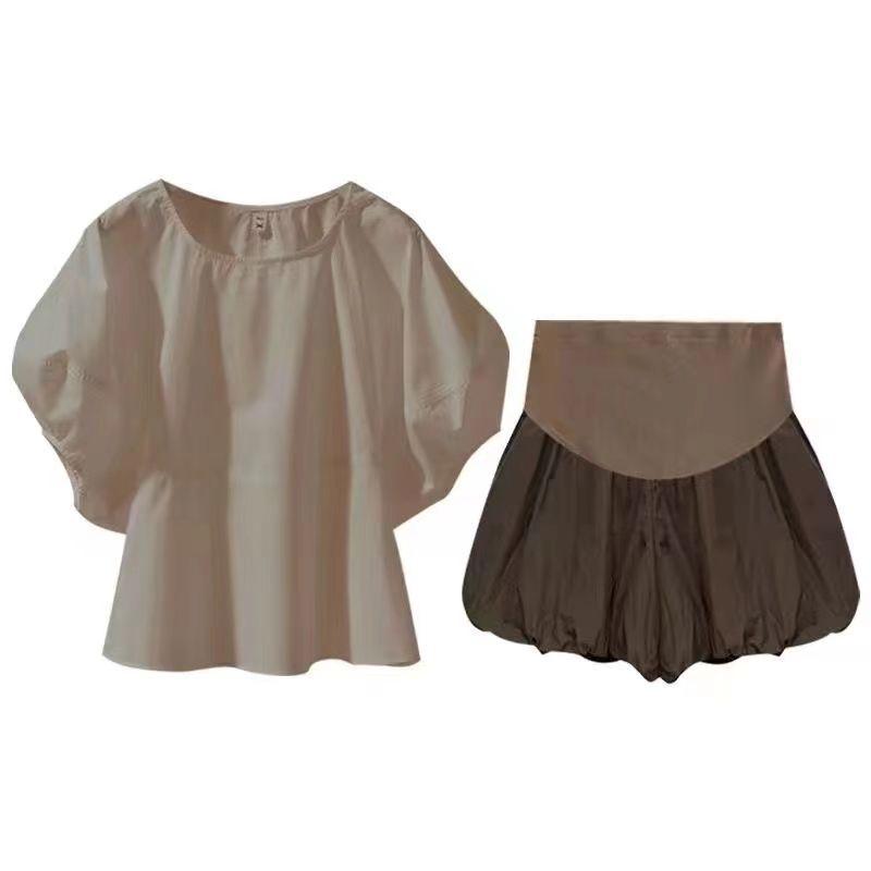 

Tencel Maternity Puff Sleeve Top & Wide-Leg Shorts Two-Piece Set M [85-110 lbs]