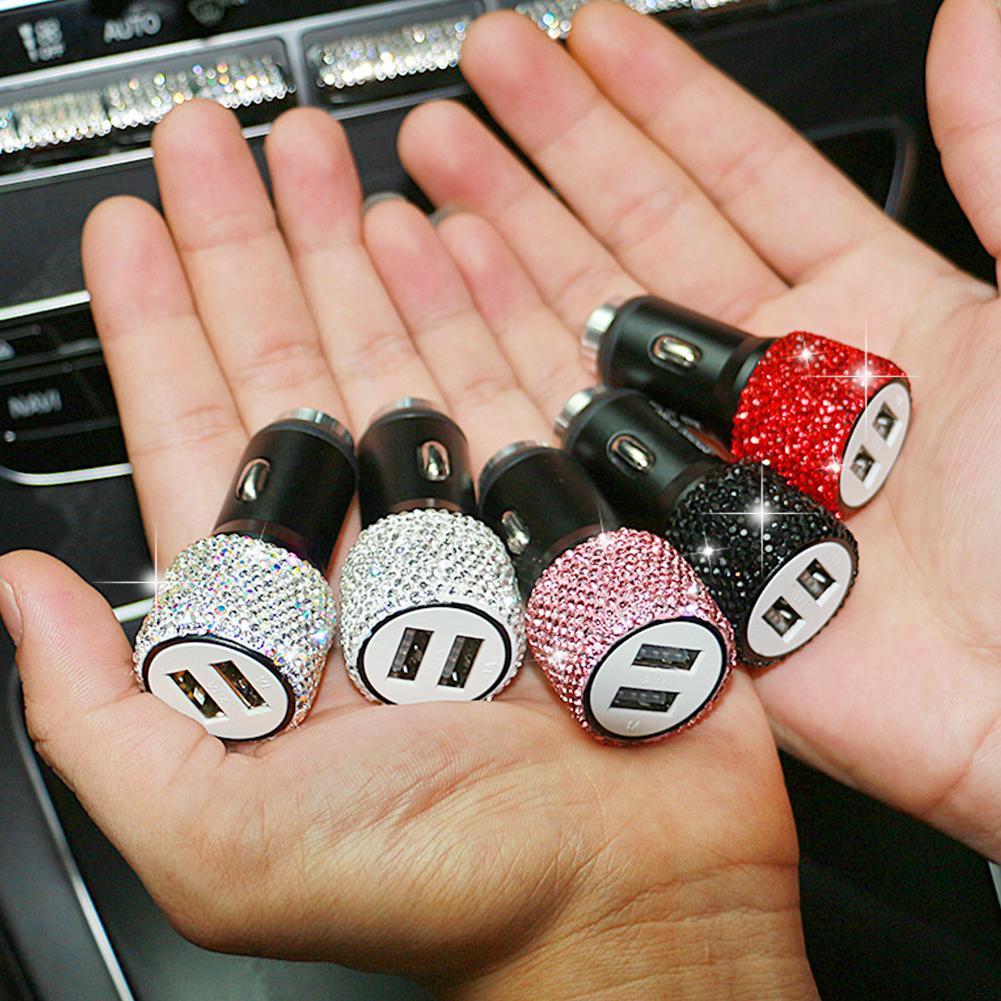 Ny Bling USB Billader 5V 2.1A Dual Port Rask Adapter Rosa Bildekor Bil Styling Diamond Biltilbehør Interiør for kvinne