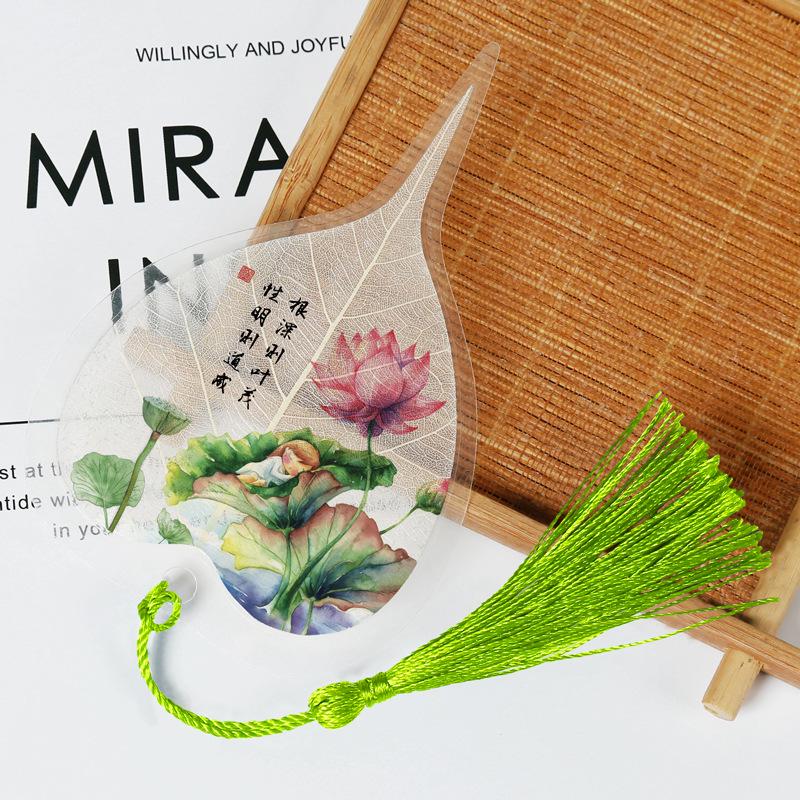 Chinese Bodhi Leaf Bookmark: Floral Ink Wash Style with Peach Blossom, Peony, and Lotus