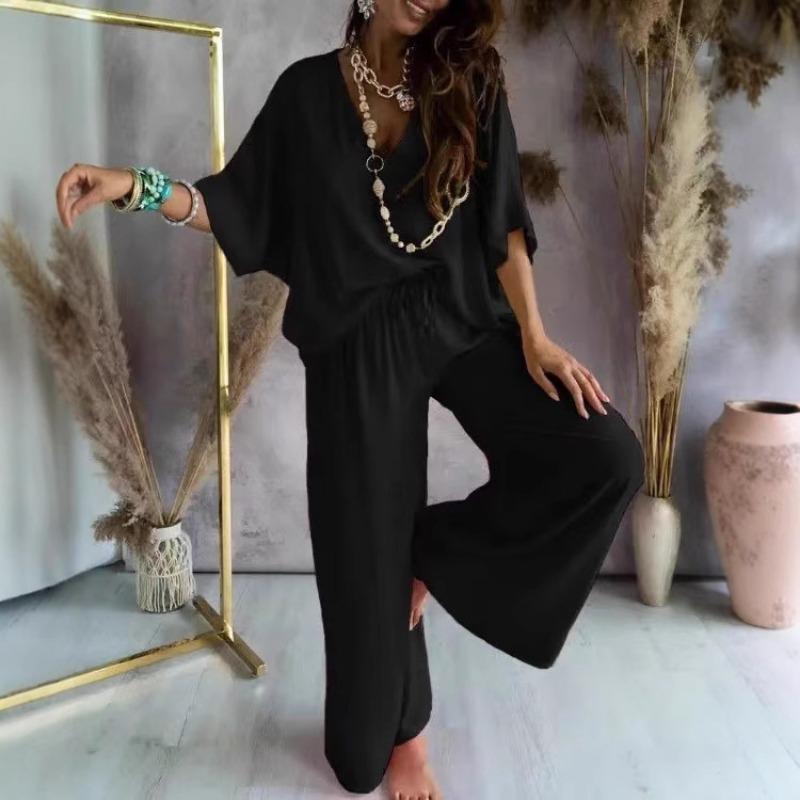 Γυναικείο Σετ Παντελόνι Καθημερινό Χαλαρό Με Φαρδύ Πόδι Με Μανίκι Νυχτερίδα Και Λαιμόκοψη V