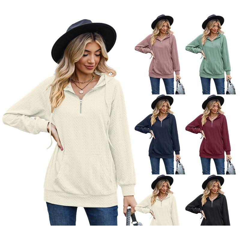 Autumn Winter Solid Color Hooded Zipper Loose Long Sleeved Sweatshirt for Women
