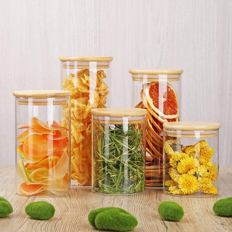 Glass Storage Jar with Bamboo Wood Lid - Sealed Transparent Jar for Tea and Kitchen Organization