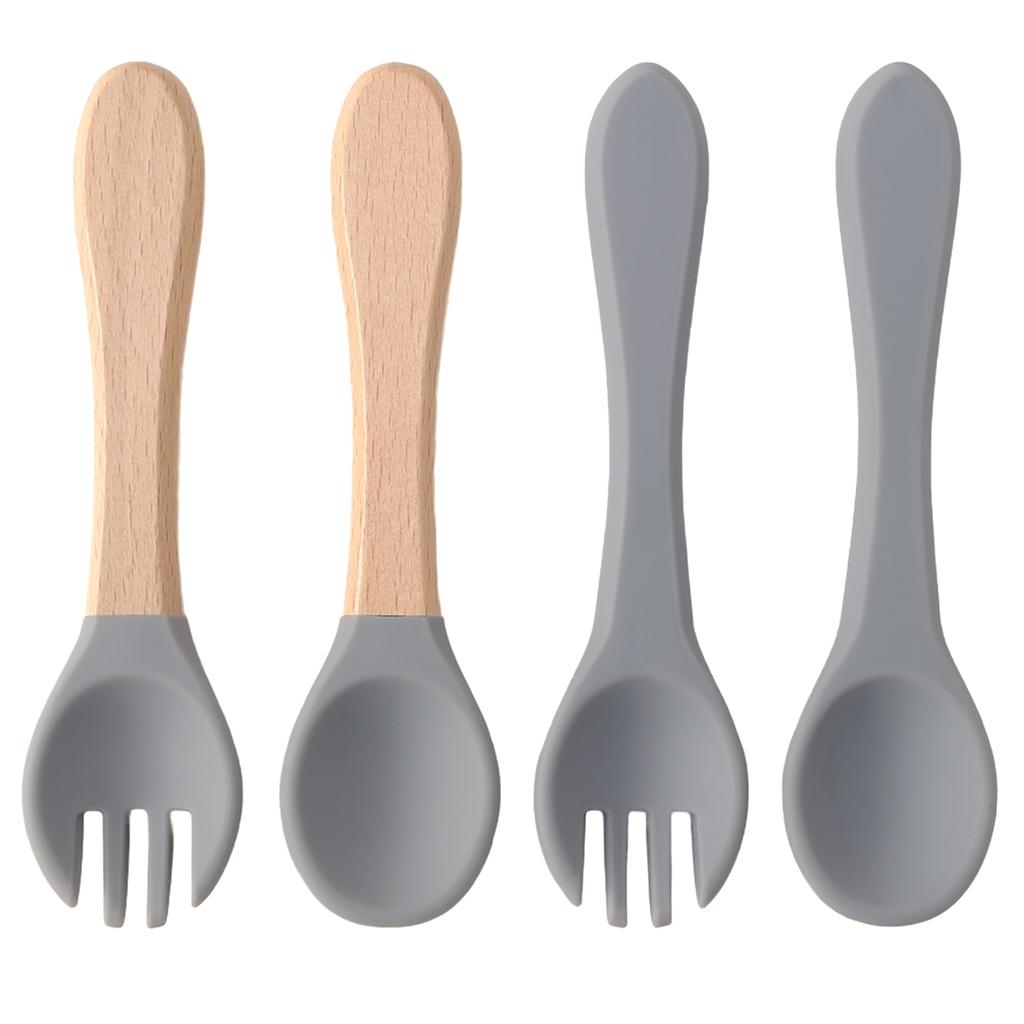 Color Kids 4PCS Silicone Baby Feeding Spoon Fork Set BPA Free Wood Handle Training Utensils For Infants Newborn Accessories