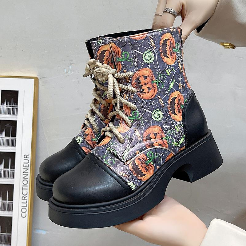 Large Size Martin Boots Women's Autumn and Winter Wind Lace-up Comfortable Thick-soled Printed Fashion Short Boots