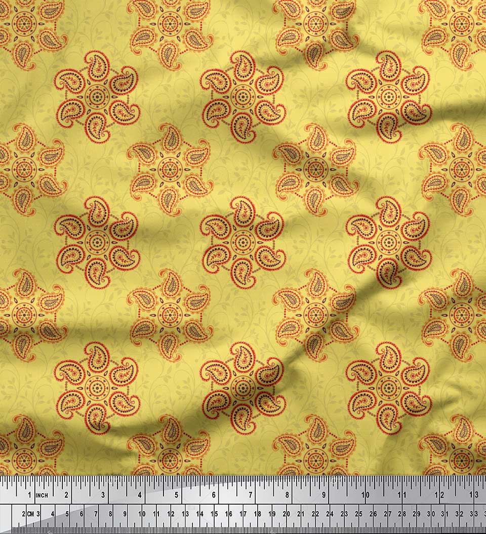 

Тканина Soimoi Japan Crepe Satin Leaves & Floral Paisley Printed Тканина 1 метр 42 дюйма 42 Inch Wide - Poly Crepe жовтий