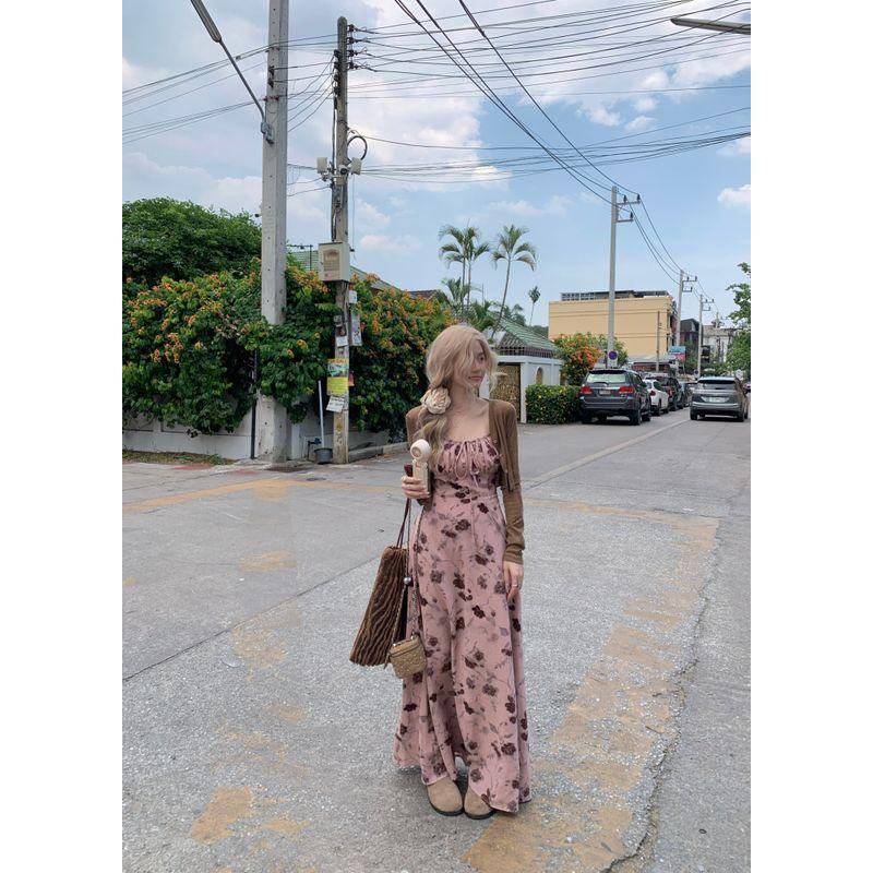 

French style Sling Dress Holiday Style Plus size Chubby Waist Hugging Slimming Lace-up Skirts Coffee Color Cardigan Two-piece Set Brown Cardigan M
