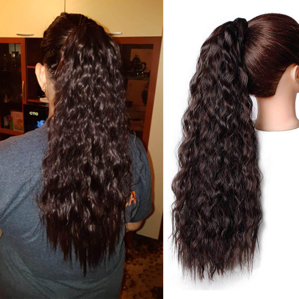 Long Wavy Kinky Curly Velcro Clip In Ponytail Hair Extensions Synthetic Natural Color Hairpieces
