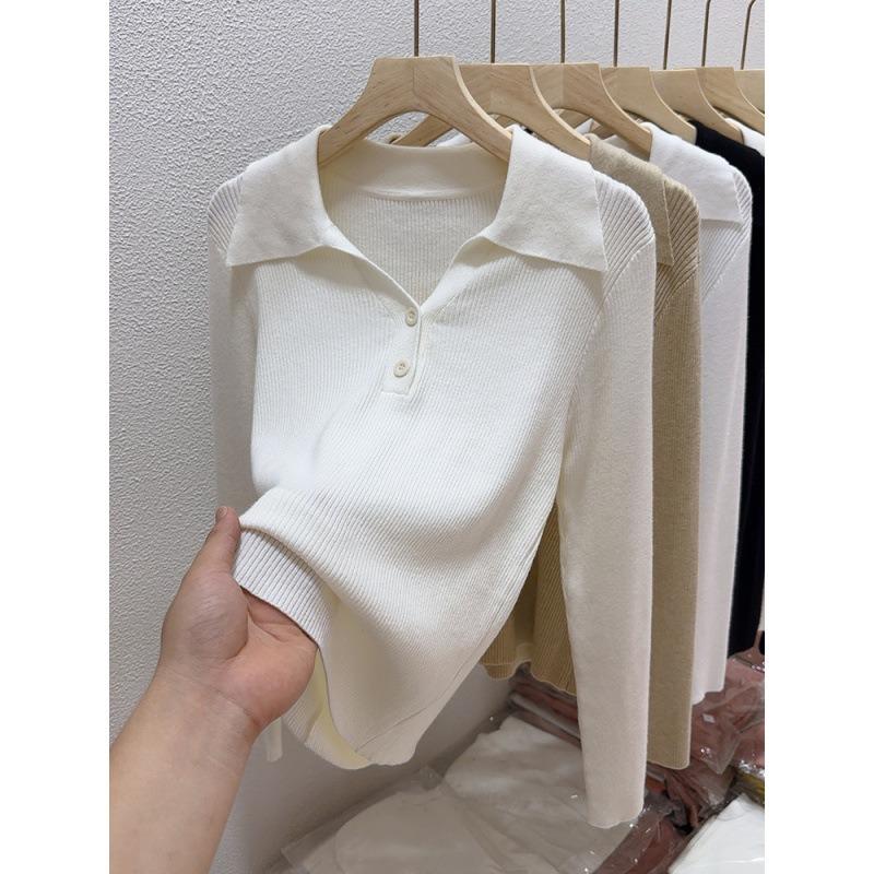 Lapel Retro Inner Knitted Women's Spring and Autumn New Long-sleeved Pullover Sweater Bottoming Shirt Slim-fitting and Thin Top