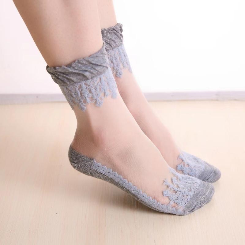 1 Par Verano Primavera Damas Ultradelgados Bordado de Encaje Seda Transparente Vidrio Cristal Elásticos Calcetines Suaves Elásticos Transpirables para Mujer