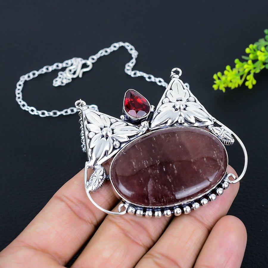 Naturalny kwarc truskawkowy, kamień granatowy 925 Srebrny naszyjnik 18" e1c18