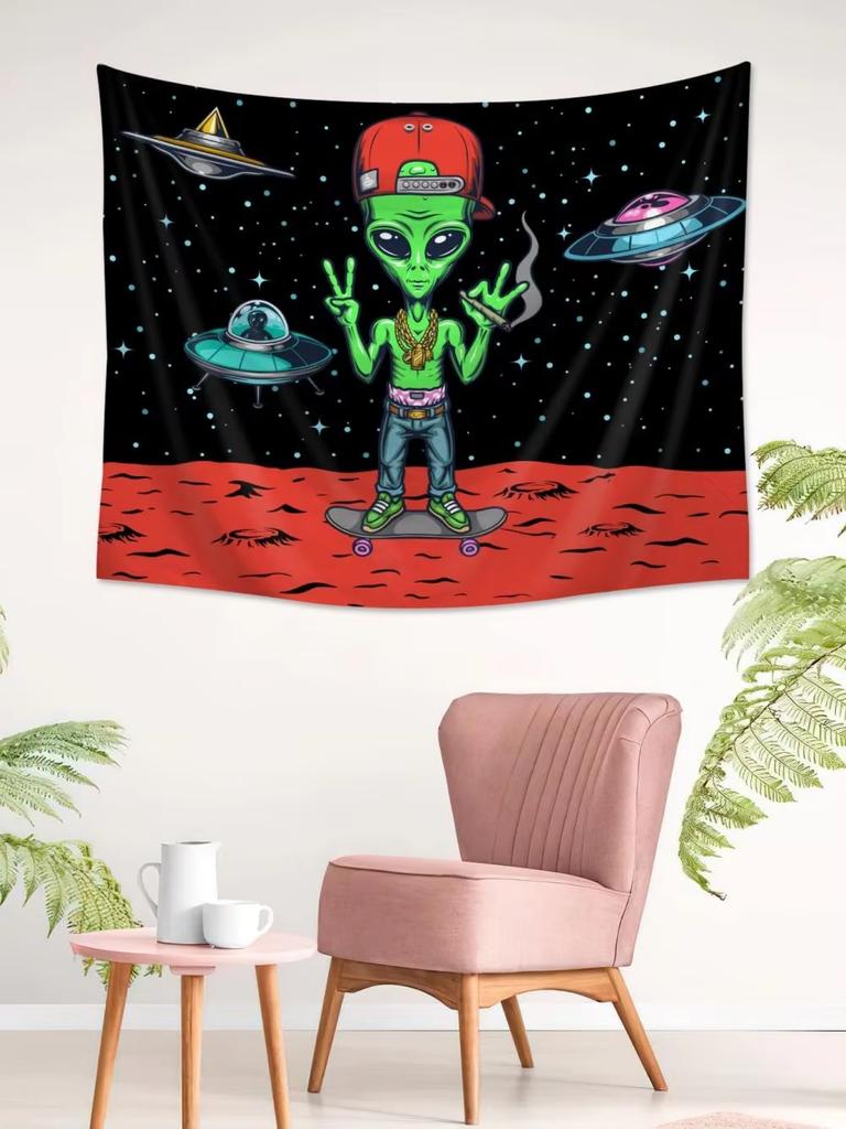 Cartoon Alien Spaceship Tapestry Planet Pattern Wall Hanging Flag for Bedroom Dorm Living Room SciFi Room Accessories