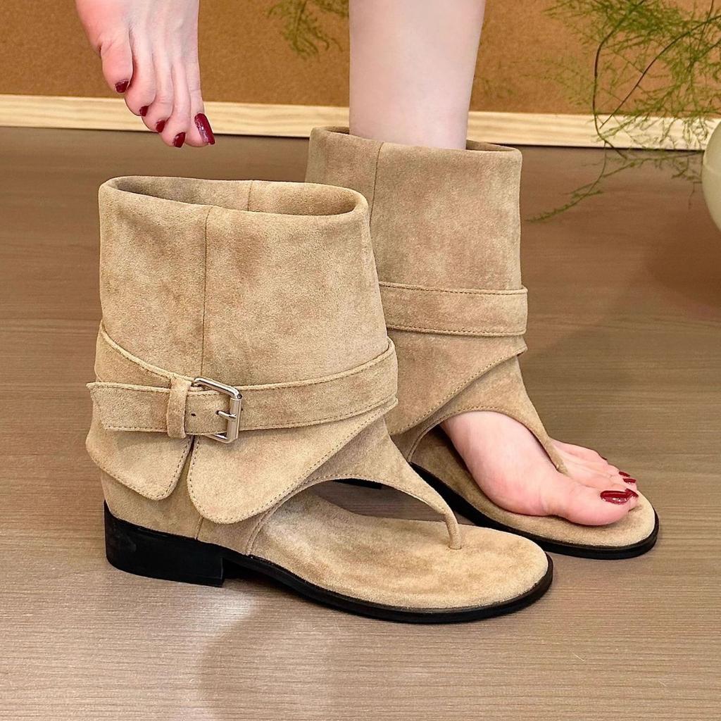 Natal Spice Girls Boots! Suede toe inner heightening trouser boots women's summer one-word buckle thick heel cool boots