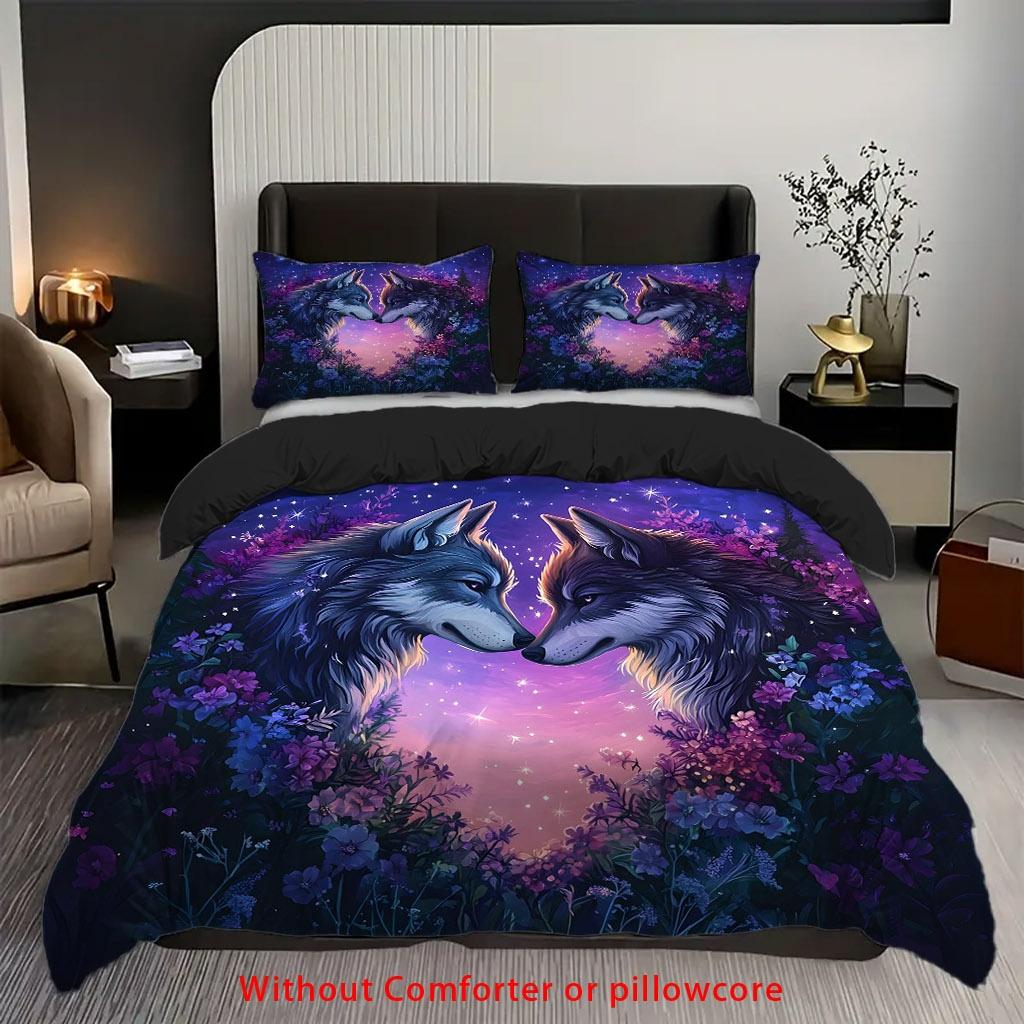 3pcs Quilt Cover Set Rose Fantasy Wolf Print Duvet Cover Set, King Queen Style Bedding, Polyester Machine Washable Birthday Gift
