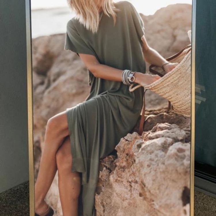 Soft Breathable Women Summer Casual Maxi Dress Round Neck Thin Short Sleeves Loose Solid Color Side Split Ankle Length