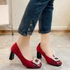 Fashion Single Shoes New Women's Four Seasons Square Toe Light Suede Rhinestone Color-block Block Heel All-match High Heels