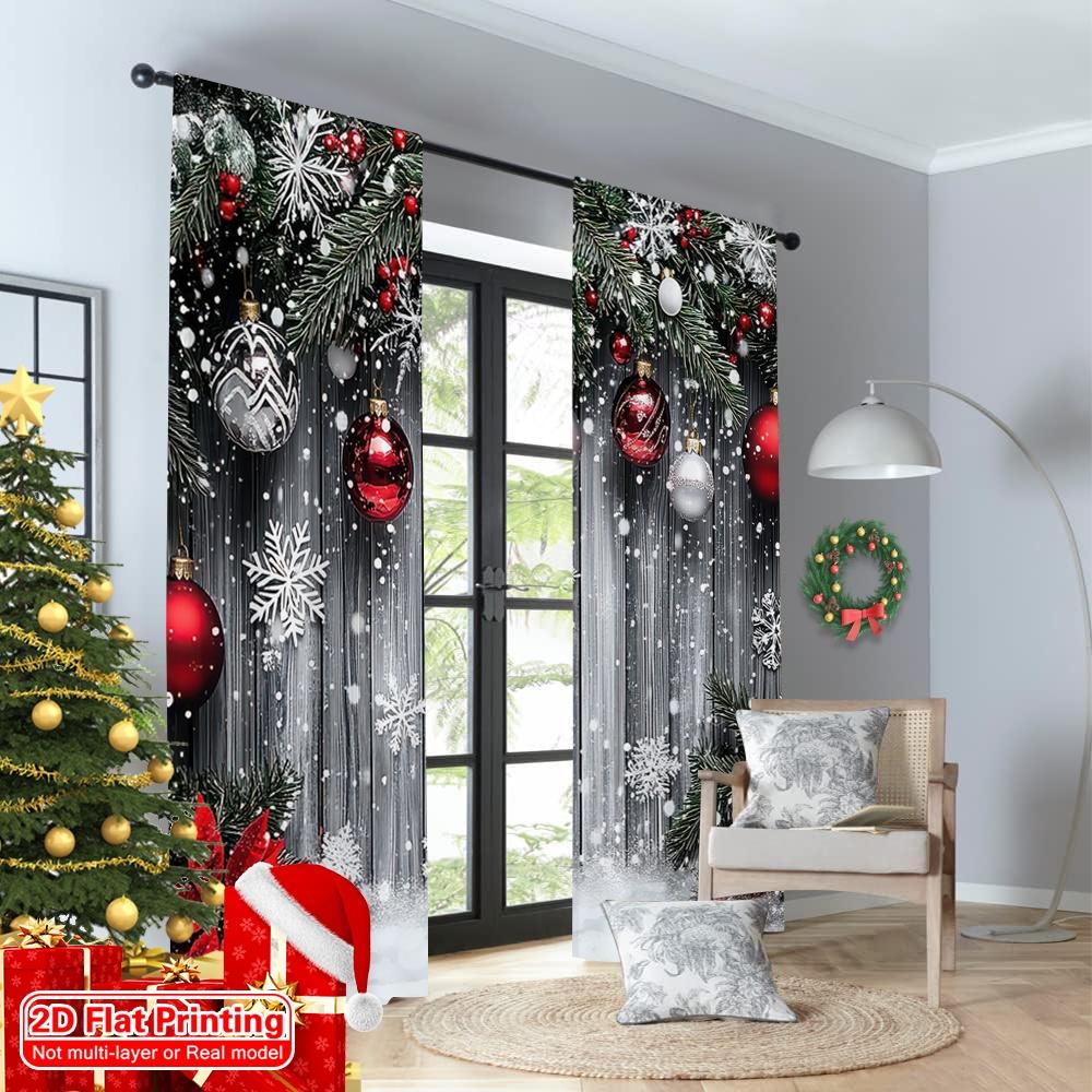 2D flat printing 2pcs Christmas Window Curtains With snowflakes_ red balls and green plants Polyester Without Electricity