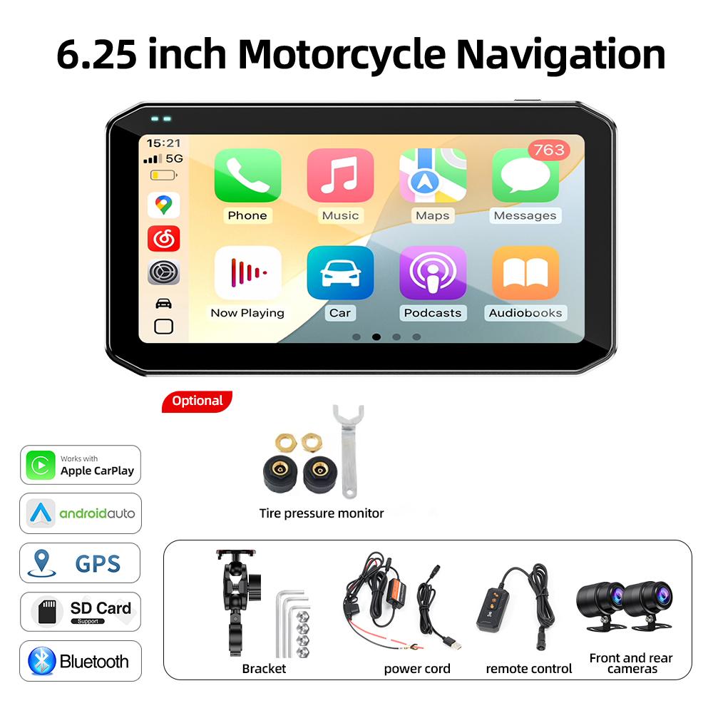 Přenosný 6,25palcový IP67 voděodolný motocykl GPS navigace Bezdrátová Carplay Android Auto DVR Drive Recorder Moto Monitor WIFI