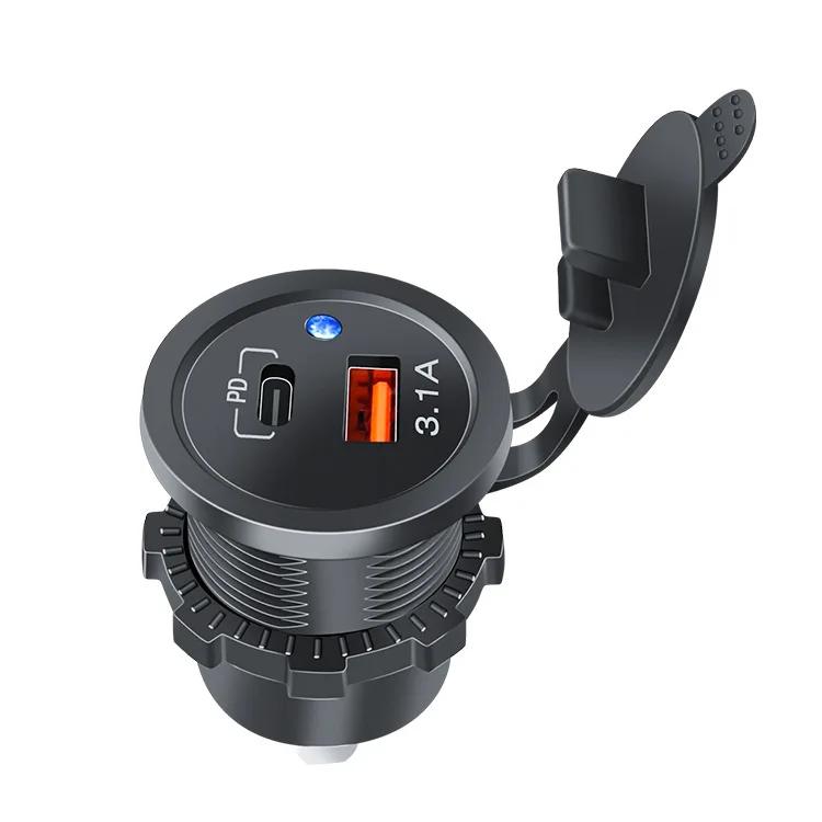 PD 3.1A Dual USB Charger with LED Light Motorcycle Car Charger Power Socket Cigarette Lighter Waterproof for Car Truck ATV Boat