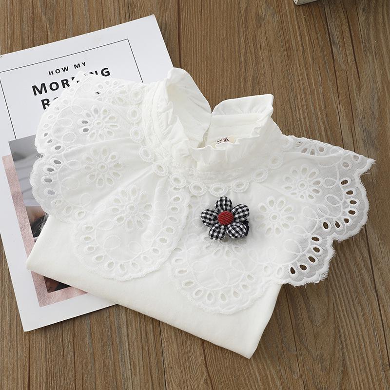 Girls' White Lace Trim T-shirt with Turn-down Collar - Autumn Style