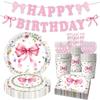 New Pink Flower Theme Birthday Party Tableware Set: Includes Tablecloth, Plates, and Banners.