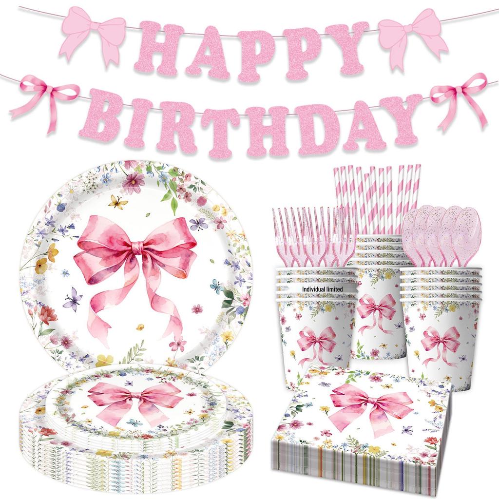 Nuovo Set di Stoviglie per Festa di Compleanno a Tema Fiori Rosa: Include Tovaglia, Piatti e Stendardi.
