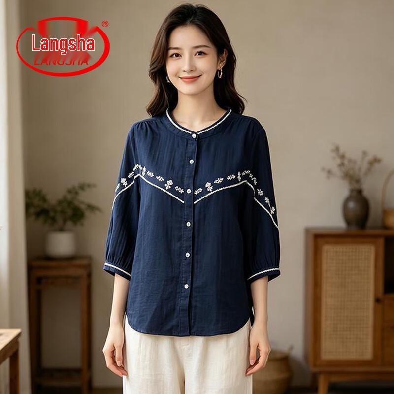 LangSha Women s Ethnic Floral V-Neck Seven-Point Sleeve Blouse 2XL