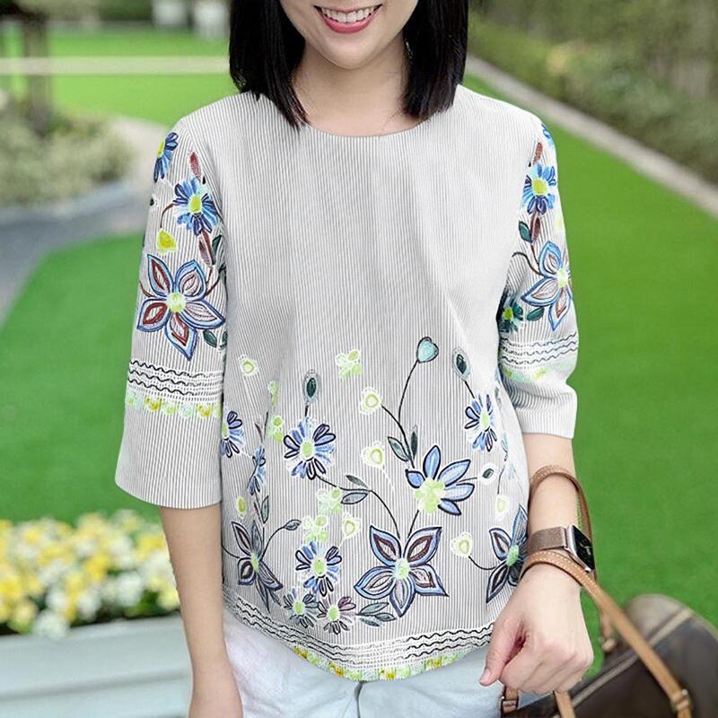 ZANZEA Women Casual Round Neck 3/4 Sleeve Floral Print Stripe Blouse