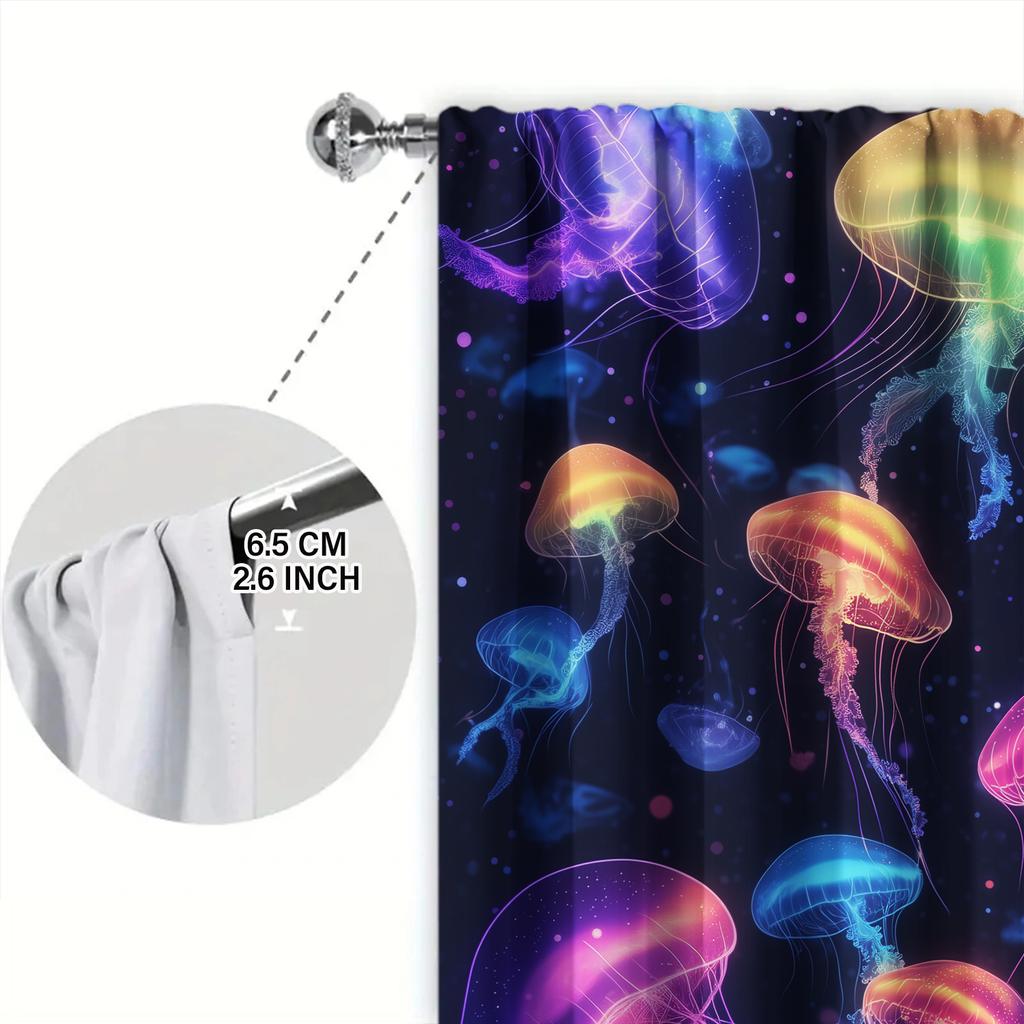 2pcs Brilliant Colored Jellyfish Printed Curtain for Home Decor - Rod Pocket Window Treatment for Bedroom, Office, Kitchen