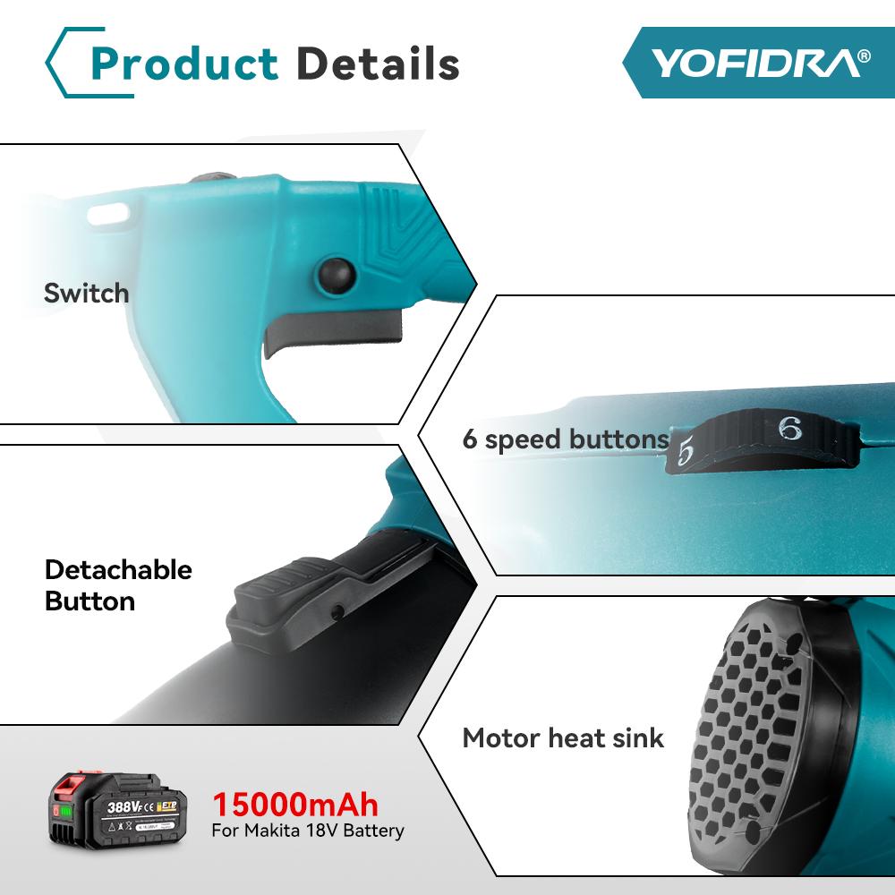 Yofidra 2000W Electric Blower 6 Gears Adjustable Cordless Leaf Blower Clean Fallen Leaves Dust Snow Tool For Makita 18V Battery
