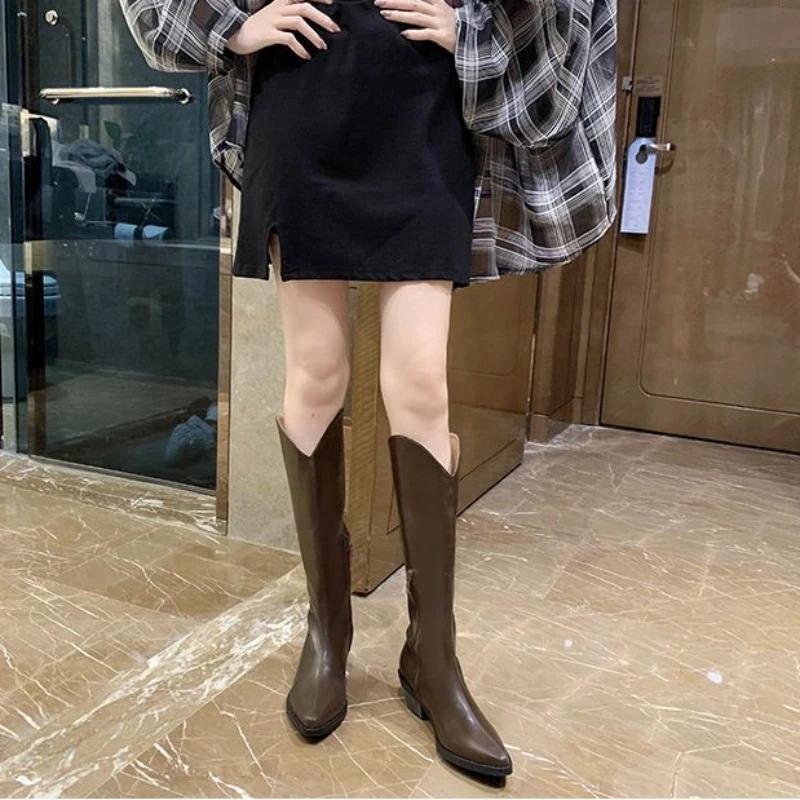 Knee High Shaft Shoes Woman Leather Large Size Warm Long Boots for Women New In Trend 2025 Sale Y2k Gyaru Quality Spring Goth Pu