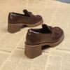 Herbst Neuer Stil Damen High Heels Freizeit Lederschuhe Britischer Stil Plateauschuhe Klobige Absätze Braune Slipper