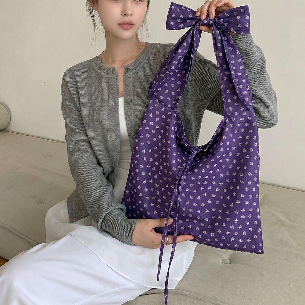 Prined Floral Pattern Canvas Bag Lightweight Handbags Fashion Tie Bow Shoulder Bag  Outdoor