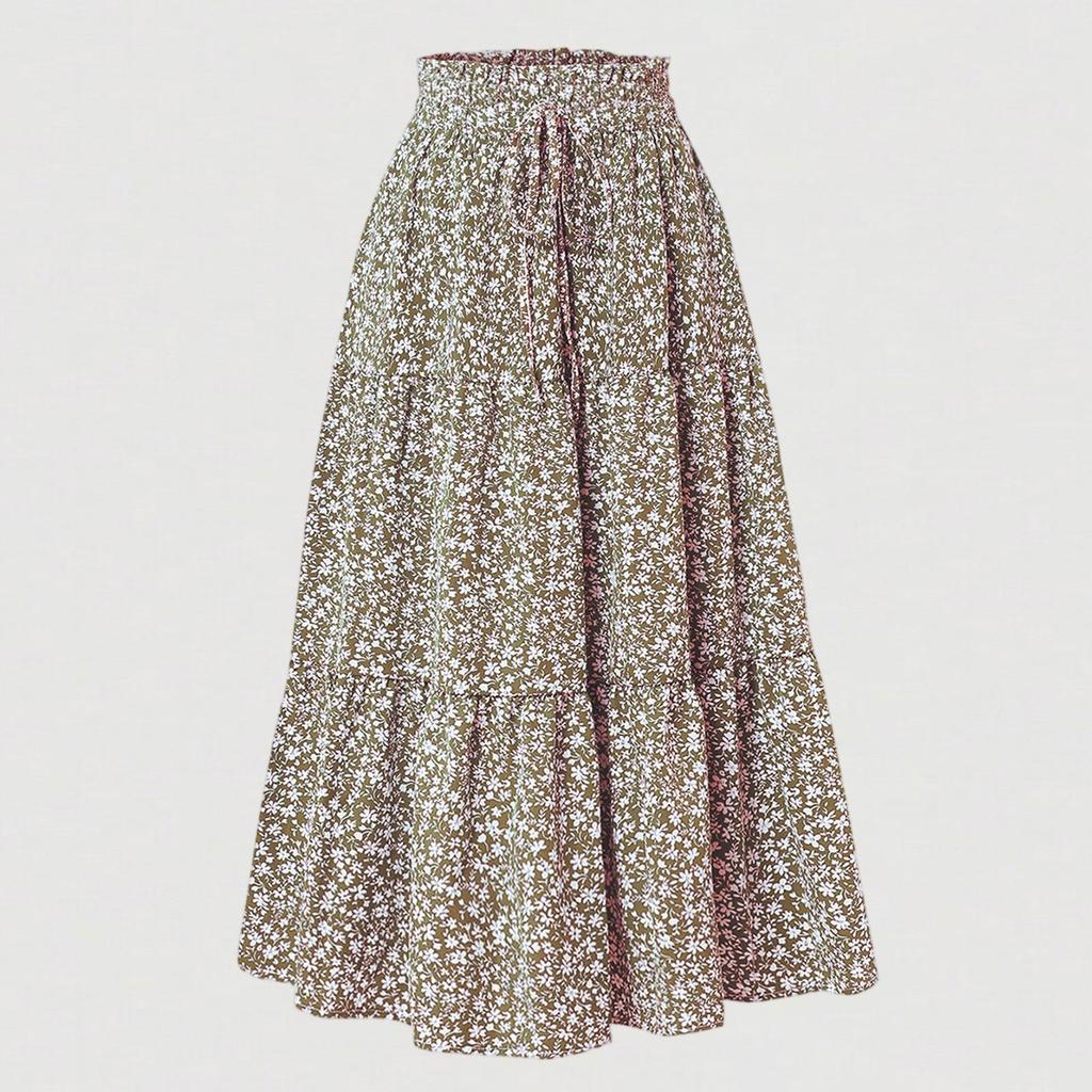 Moda Feminina Cor Sólida Renda Floral Cintura Elástica Solta Saia Longa
