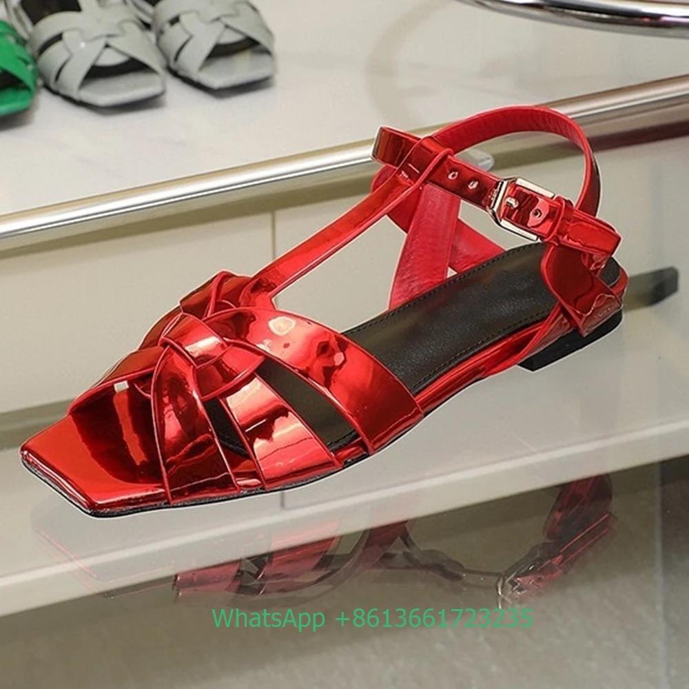 Fashion Women Cross Straps Square Toe Flat with Sandals Solid Color Open Toe Real Patent Leather Flat Sandales 2025 Newest Summer Sandal