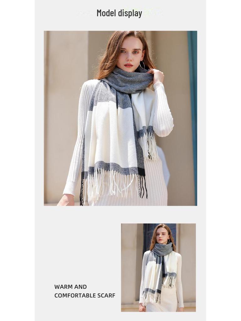 Contrast Plaid Tassel Scarf: 2023 Warm Korean-Style Shawl, Imitation Cashmere for Couples in Autumn & Winter.